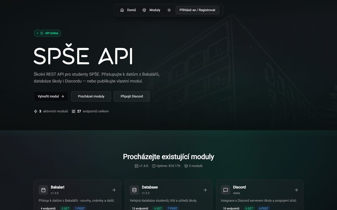 SPŠE API — úvodní stránka platformy